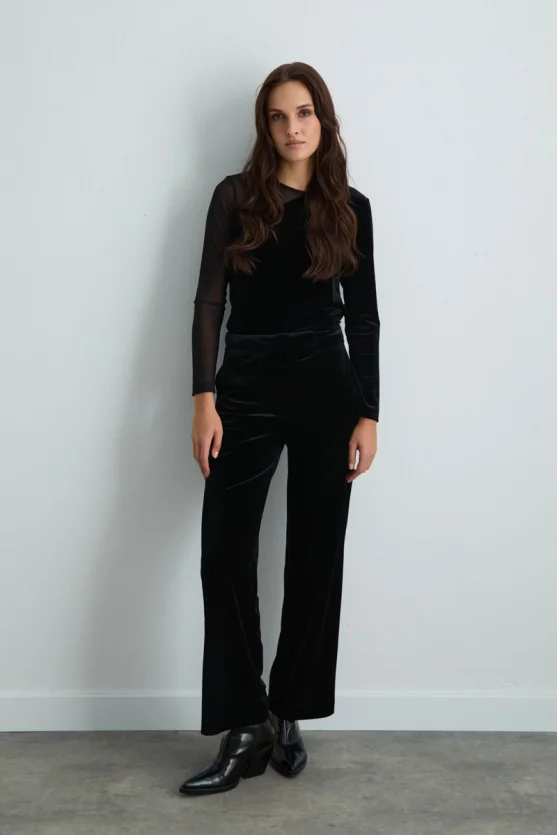 Straight-Leg Velvet Pants - Black - 5