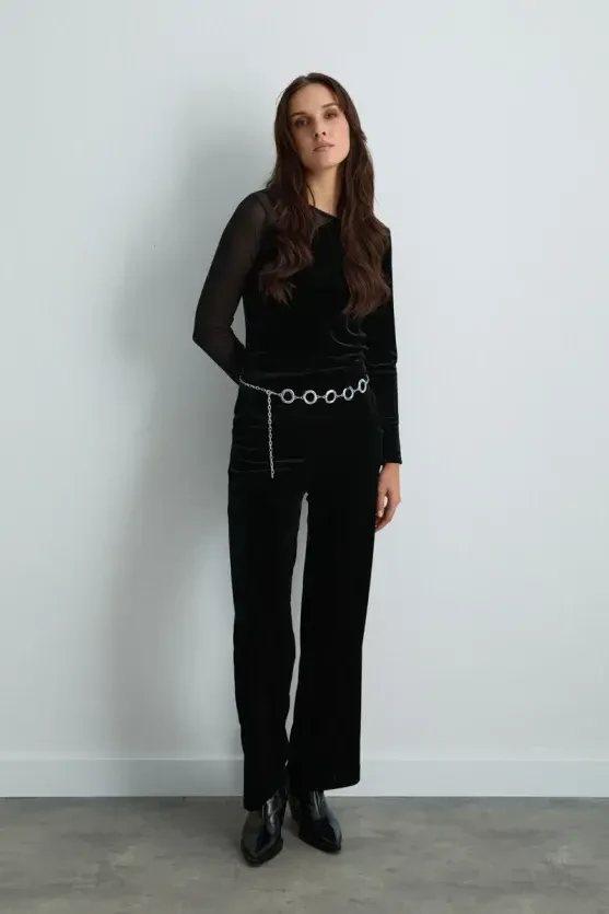 Straight-Leg Velvet Pants - Black - Gusto