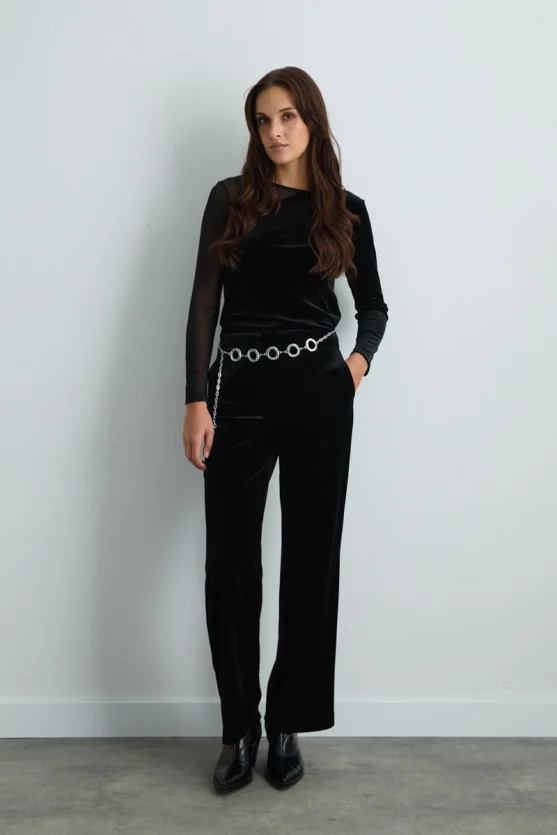 Straight Leg Velvet Pants Black - 4