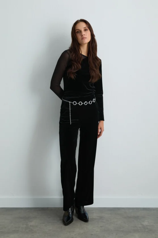 Straight Leg Velvet Pants Black - 6