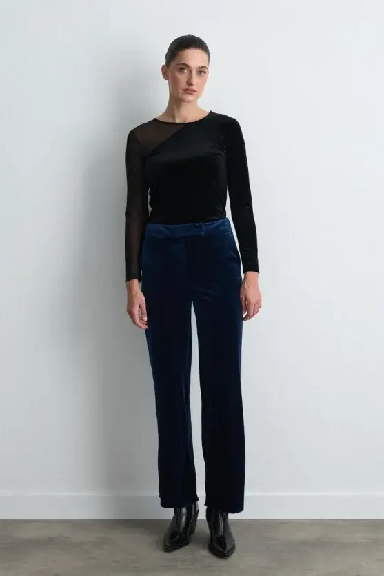 Straight-Leg Velvet Pants - Navy Blue - Gusto