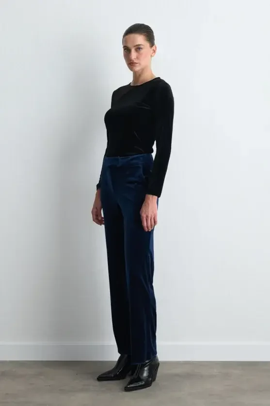 Straight-Leg Velvet Pants - Navy Blue - Gusto