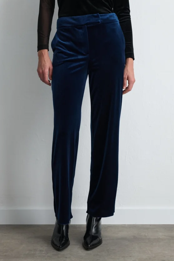 Straight Leg Velvet Pants Navy Blue - 2
