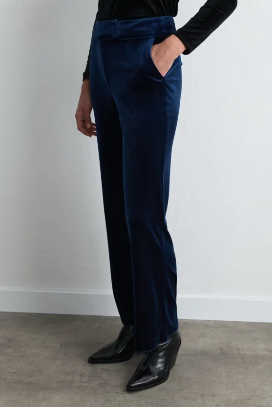 Straight Leg Velvet Pants Navy Blue - Gusto