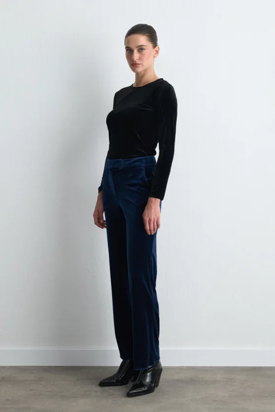 Straight Leg Velvet Pants Navy Blue - Gusto