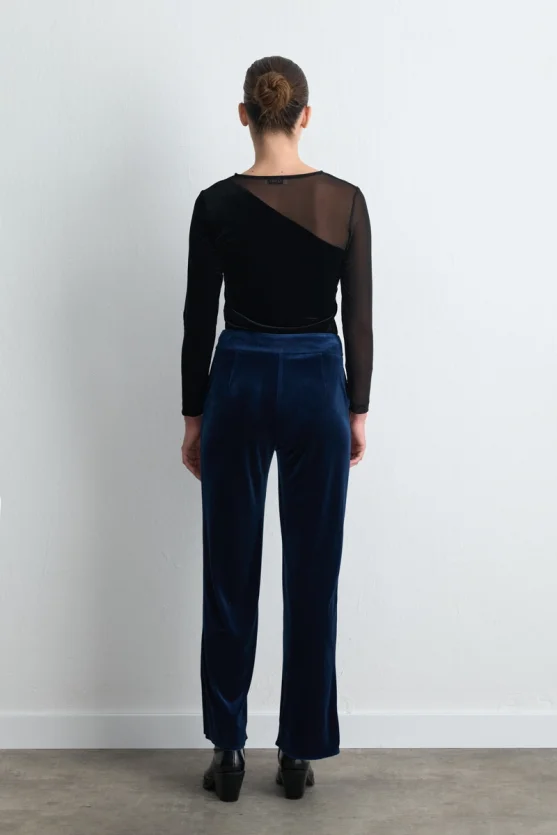 Straight Leg Velvet Pants Navy Blue - Gusto