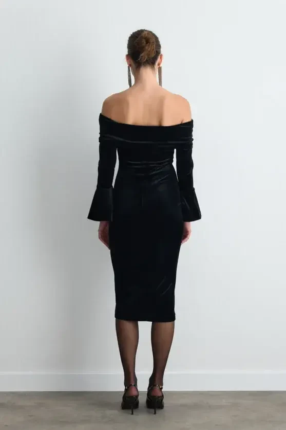 Strapless Velvet Midi Dress - Black - Gusto