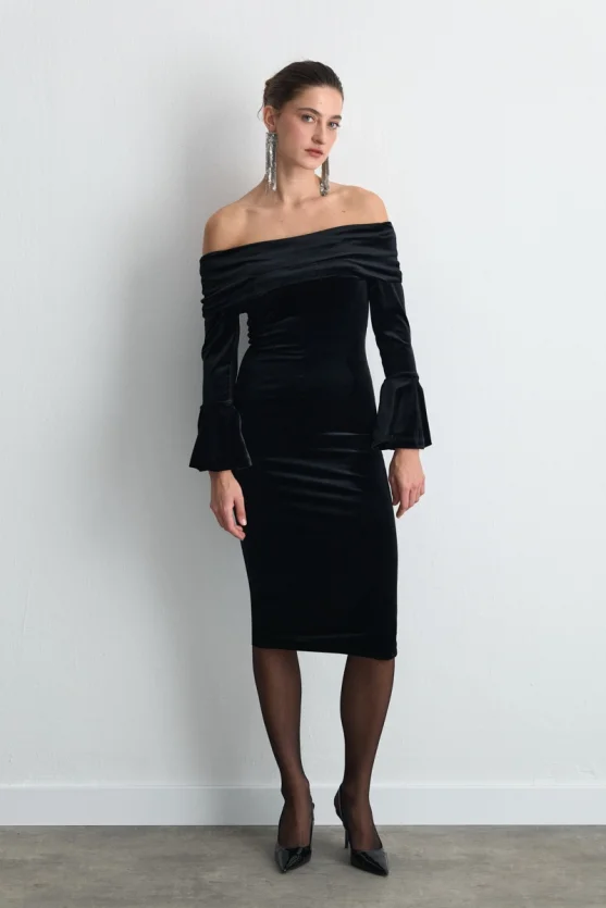 Strapless Velvet Midi Dress Black - Gusto