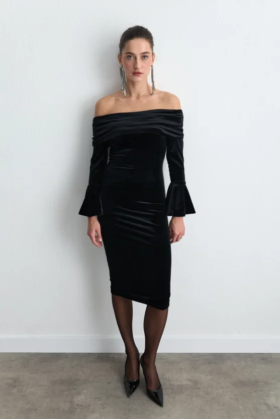 Strapless Velvet Midi Dress Black - Gusto