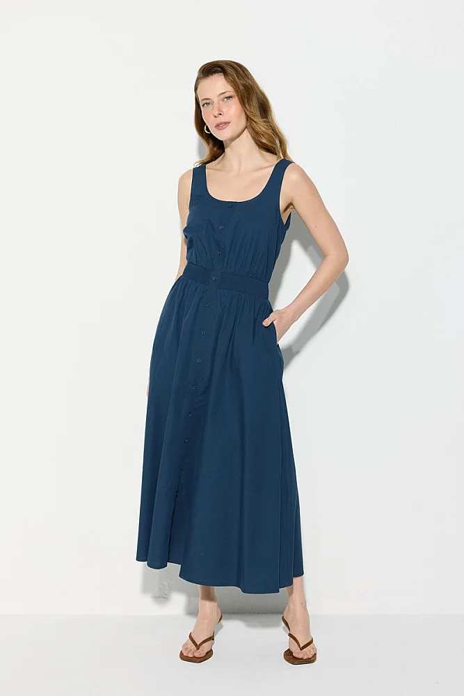 Strappy Cotton Midi Dress - Navy Blue Navy Blue
