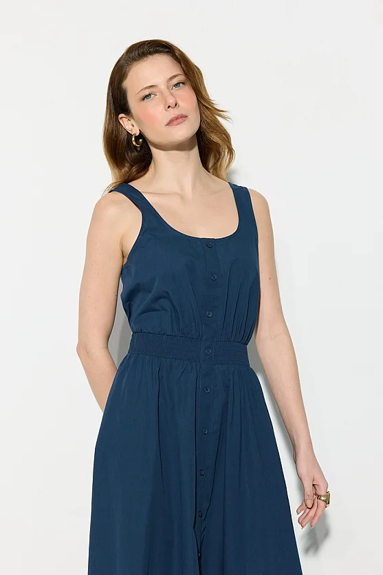 Strappy Cotton Midi Dress - Navy Blue - Gusto