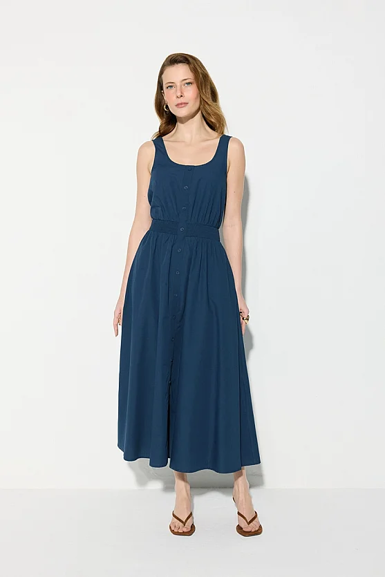Strappy Cotton Midi Dress - Navy Blue - Gusto