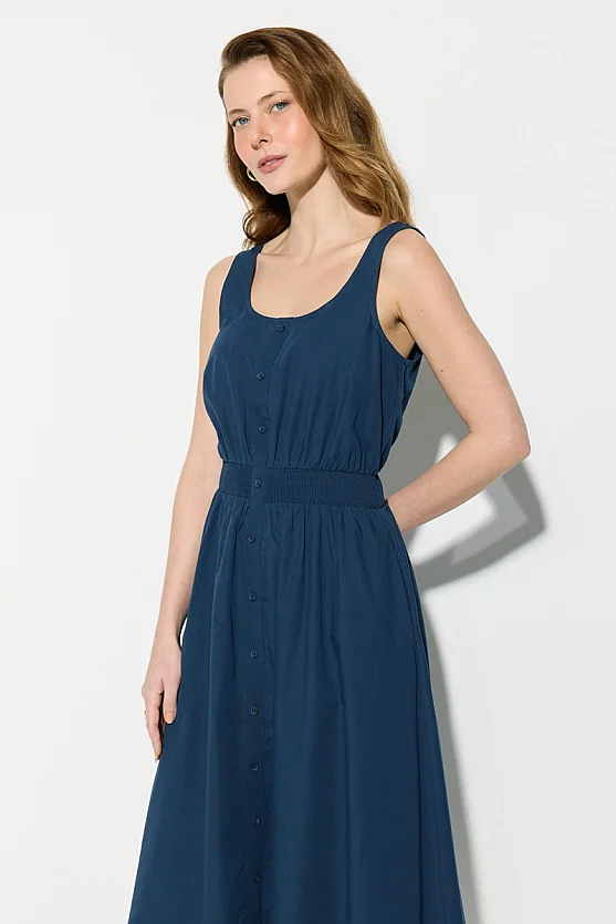 Strappy Cotton Midi Dress - Navy Blue - Gusto