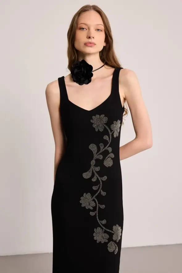 Strappy Embellished Dress - Black - 3