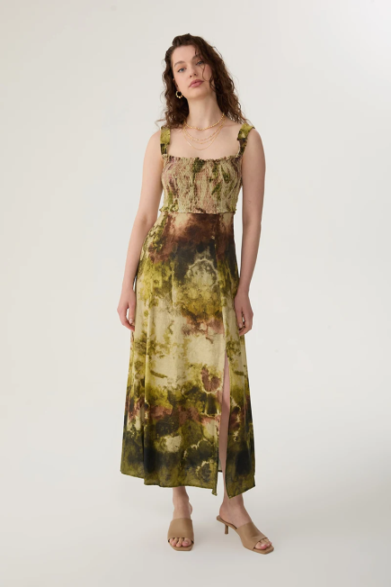 Strappy Linen Dress with Batik Pattern - Green Green