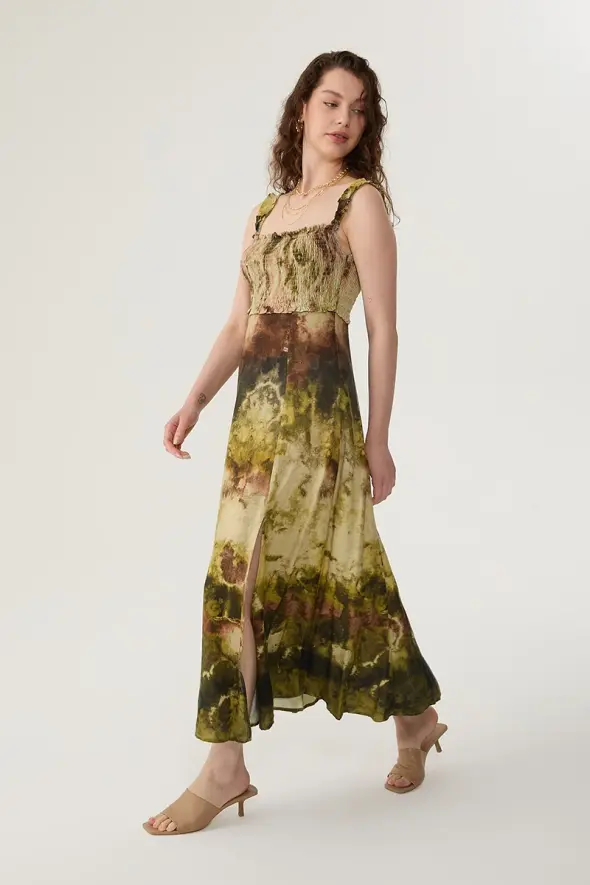 Strappy Linen Dress with Batik Pattern - Green - 2