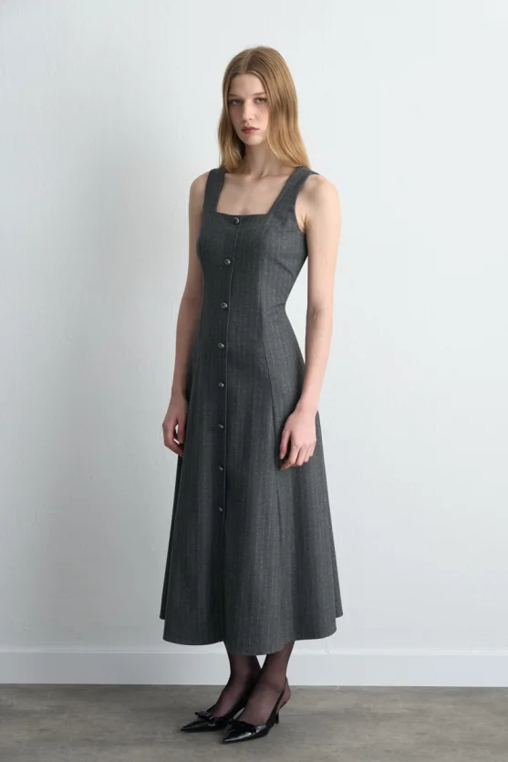 Strappy Long Pinafore Dress - Gray - 3