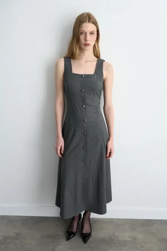 Strappy Long Pinafore Dress - Gray - 4