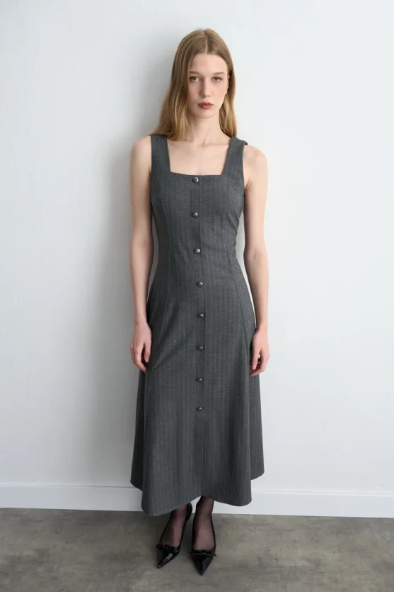 Strappy Long Pinafore Dress Gray - 4