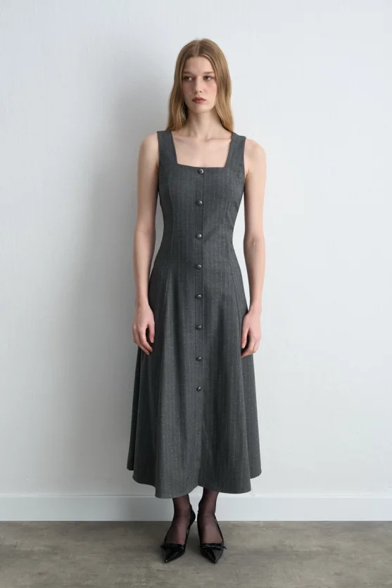 Strappy Long Pinafore Dress Gray - 1