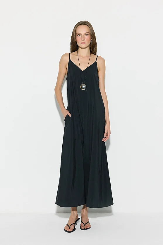 Strappy Long Relaxed Fit Modal Dress - Black - 1