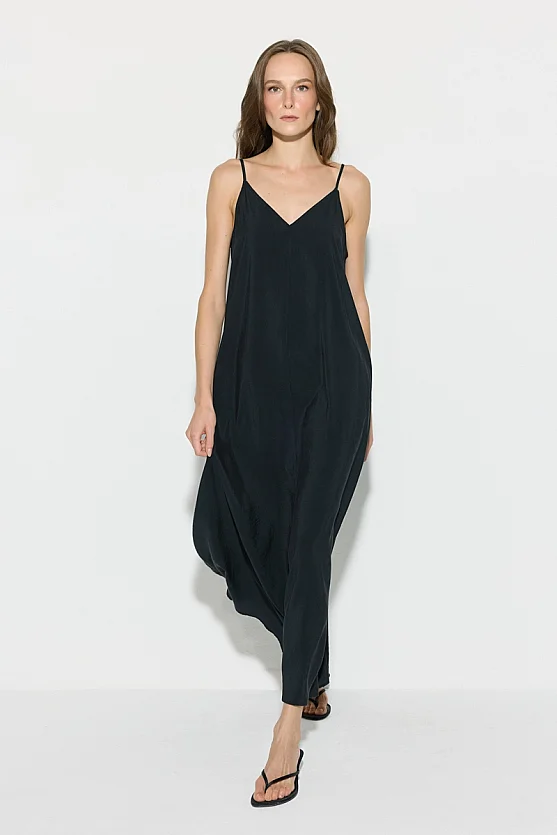 Strappy Long Relaxed Fit Modal Dress - Black - 2