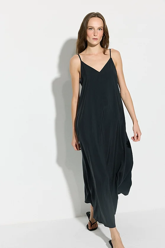Strappy Long Relaxed Fit Modal Dress - Black - 3
