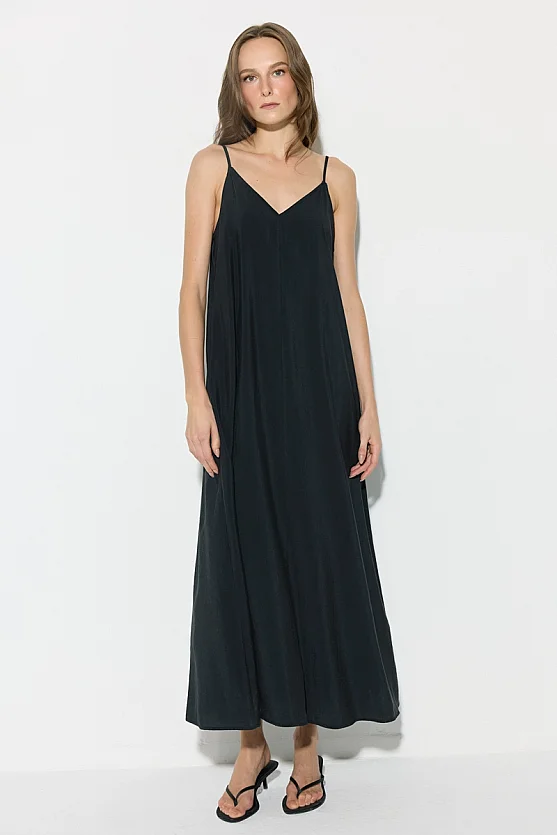 Strappy Long Relaxed Fit Modal Dress - Black - 4