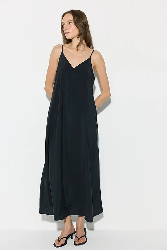Strappy Long Relaxed Fit Modal Dress - Black - 5