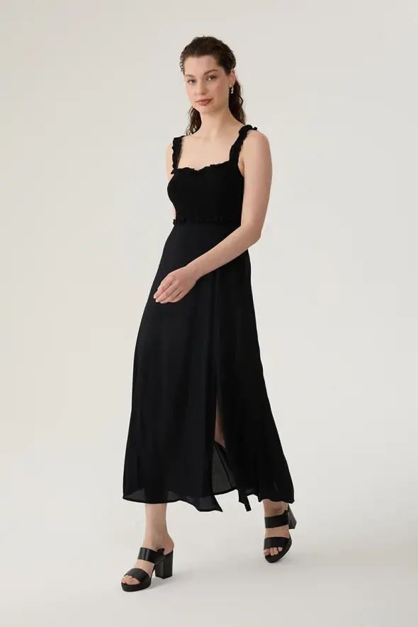 Strappy Long Slit Dress - Black - 1