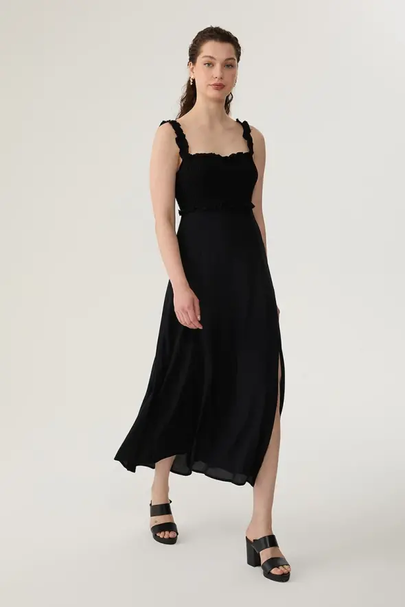 Strappy Long Slit Dress - Black - 3