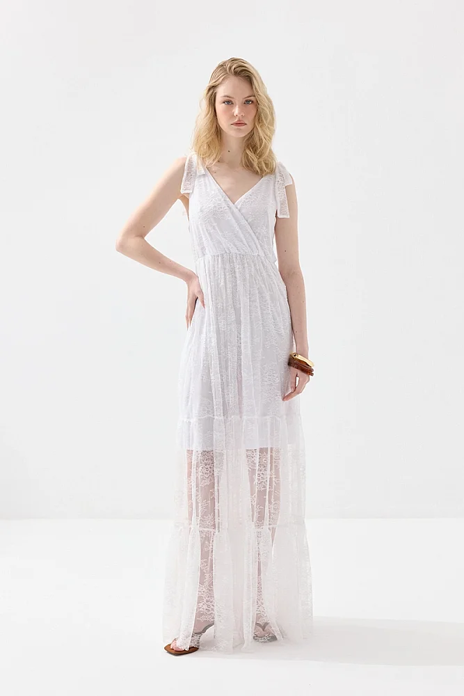 Strappy Maxi Lace Evening Dress - White
