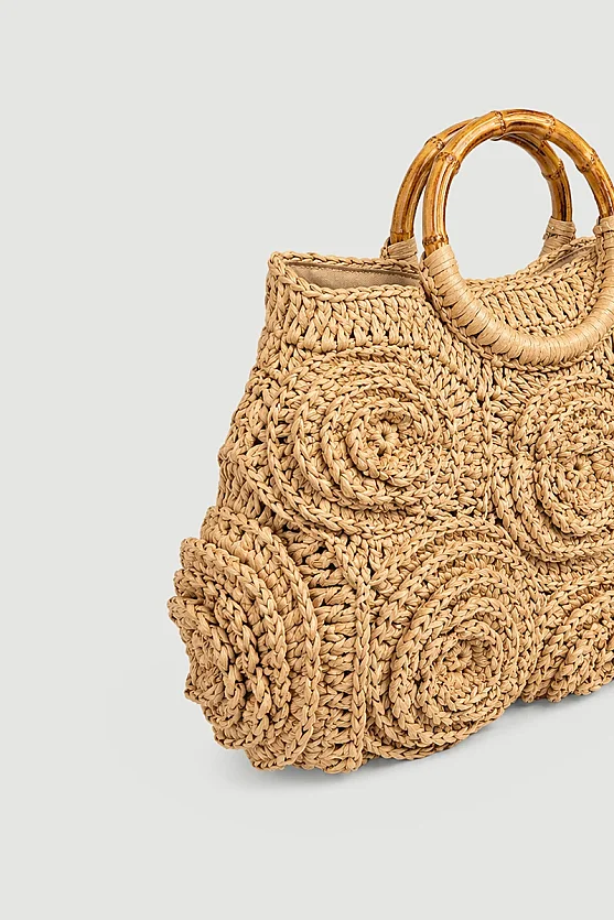 Straw Bag with Floral Detail and Wooden Accents - Beige - Gusto