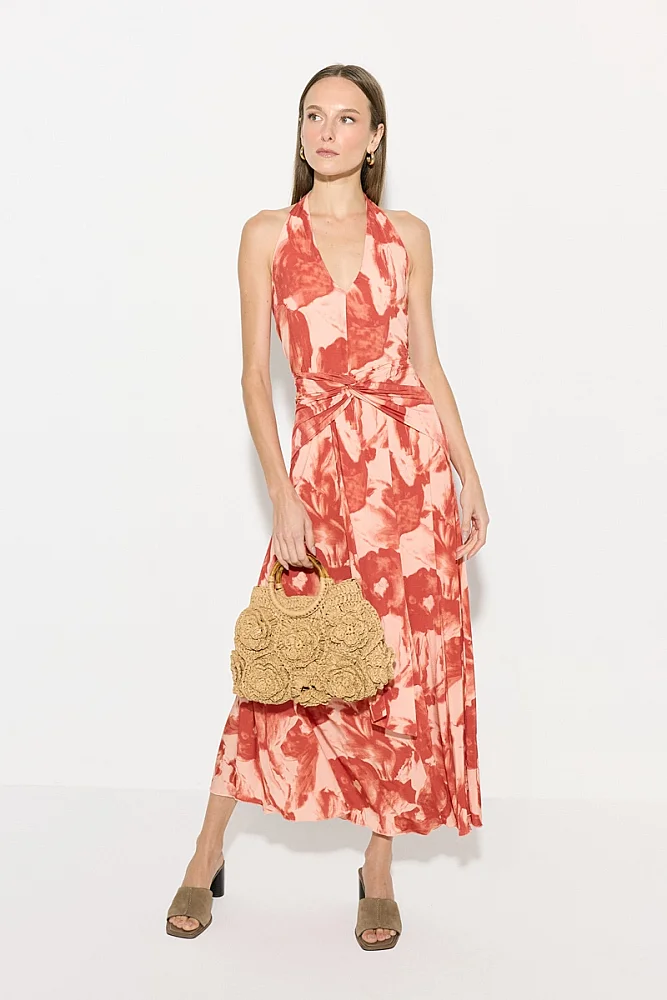Straw Bag with Floral Detail and Wooden Accents - Beige Beige