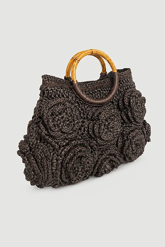 Straw Bag with Floral Detail and Wooden Accents - Brown - 2