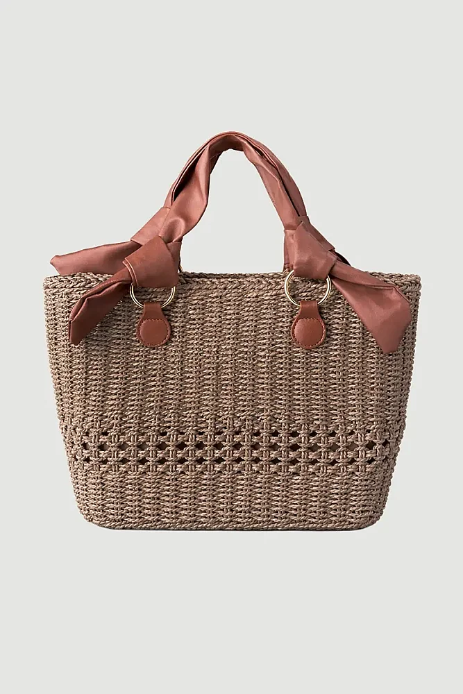Straw Bag with Leather Handles - Brown Brown