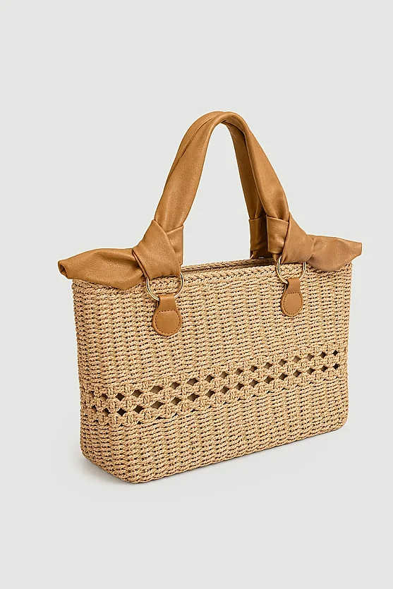 Straw Bag with Leather Handles - Camel - 2