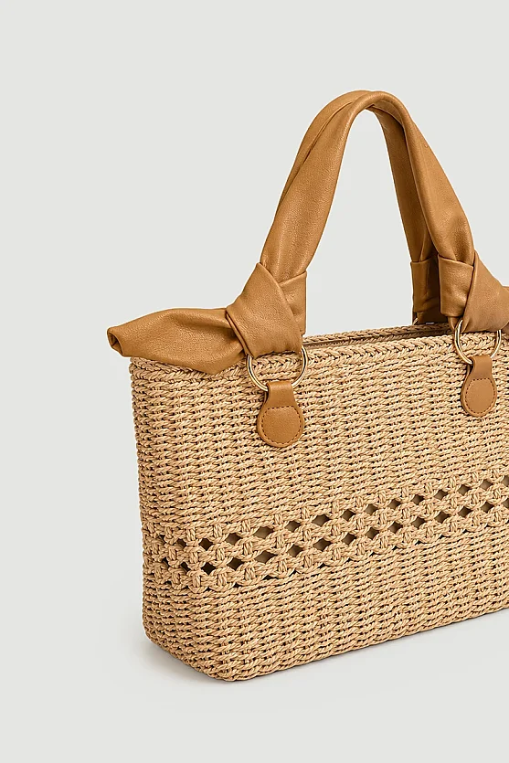 Straw Bag with Leather Handles - Camel - Gusto