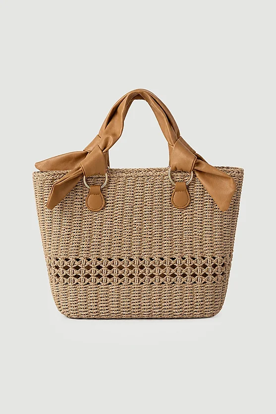 Straw Bag with Leather Handles - Camel - Gusto