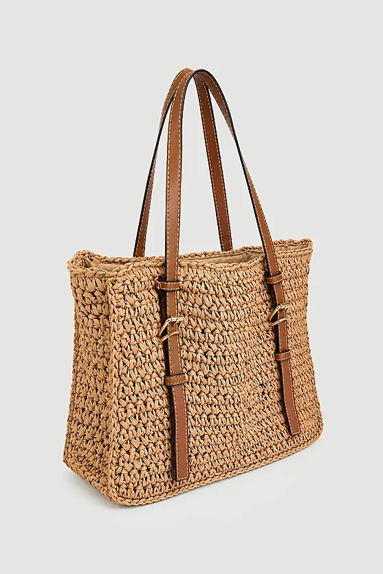 Straw Bag with Leather Strap - Beige - 2