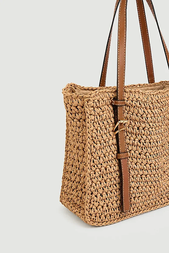 Straw Bag with Leather Strap - Beige - Gusto