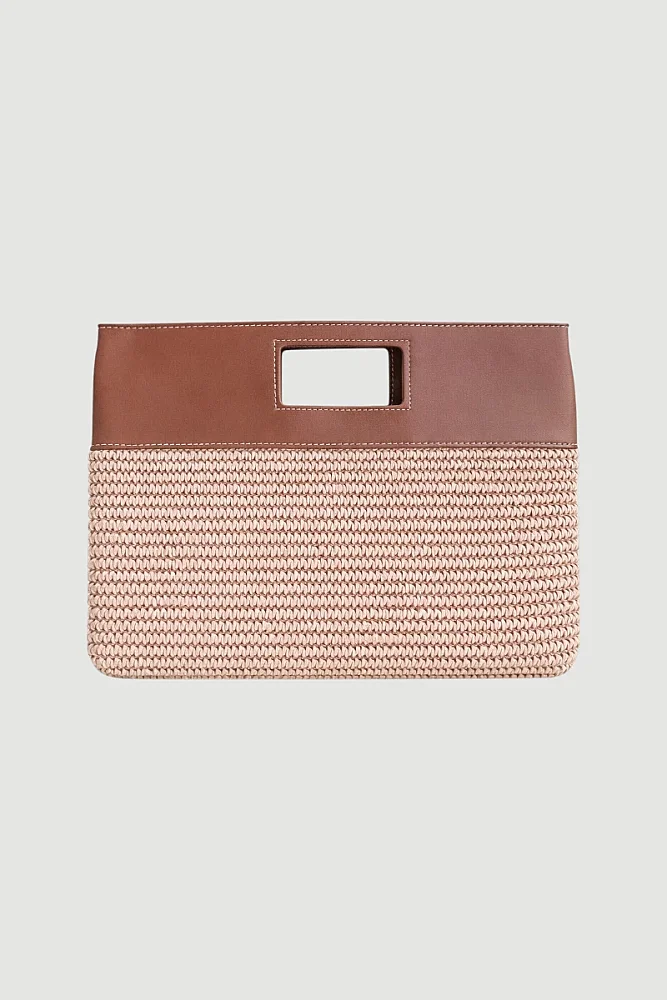 Straw Handbag with Leather Details - Beige Beige