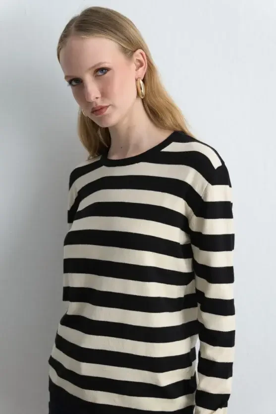 Striped Basic Knit Blouse - Black - Gusto