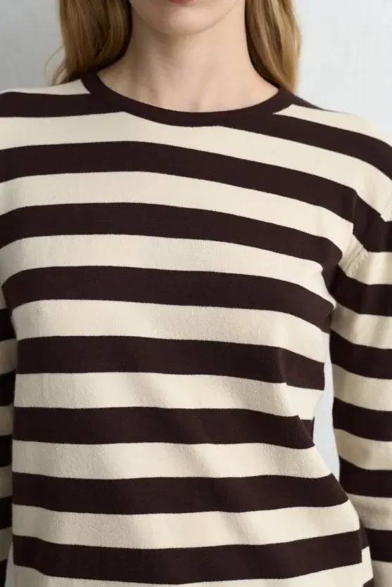 Striped Basic Knit Blouse - Brown - 2
