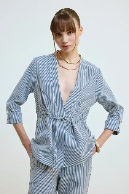 Striped Belted Jacket - Navy - Gusto