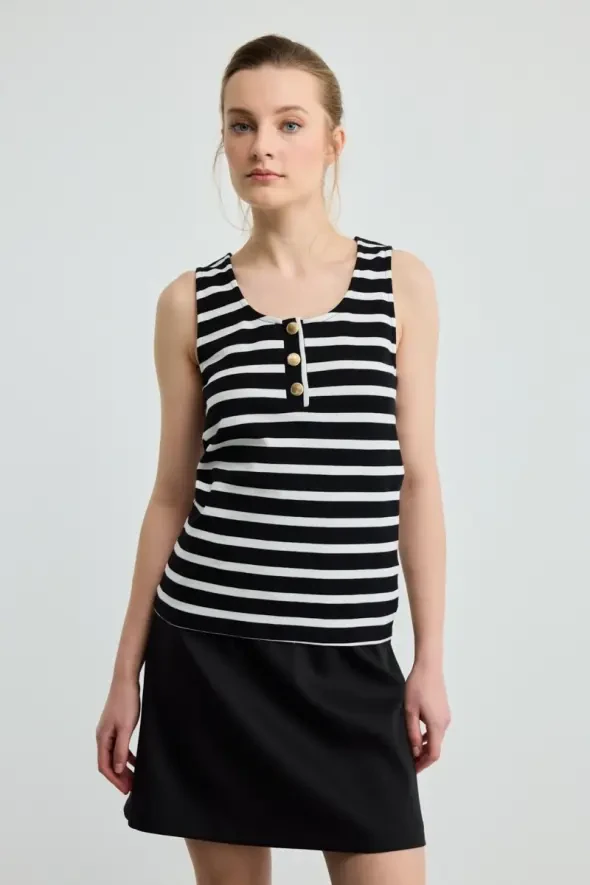 Striped Button Detail Cotton Tank Top - Black - 1