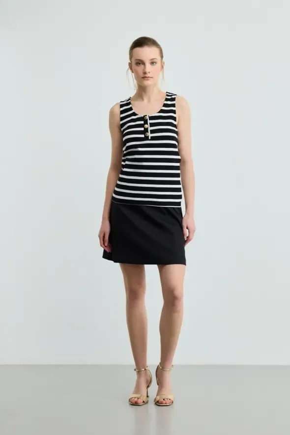 Striped Button Detail Cotton Tank Top - Black - 2
