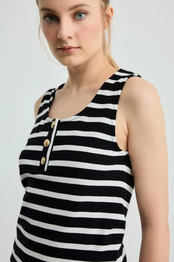 Striped Button Detail Cotton Tank Top - Black - 3