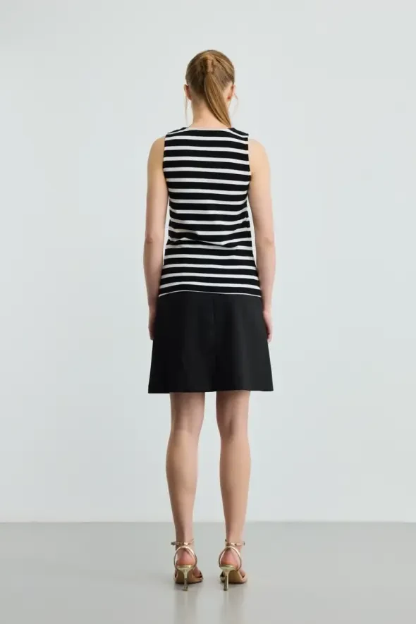 Striped Button Detail Cotton Tank Top - Black - 4