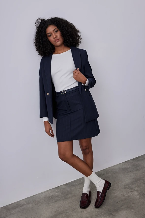 Striped Classic Blazer Jacket - Navy - 4